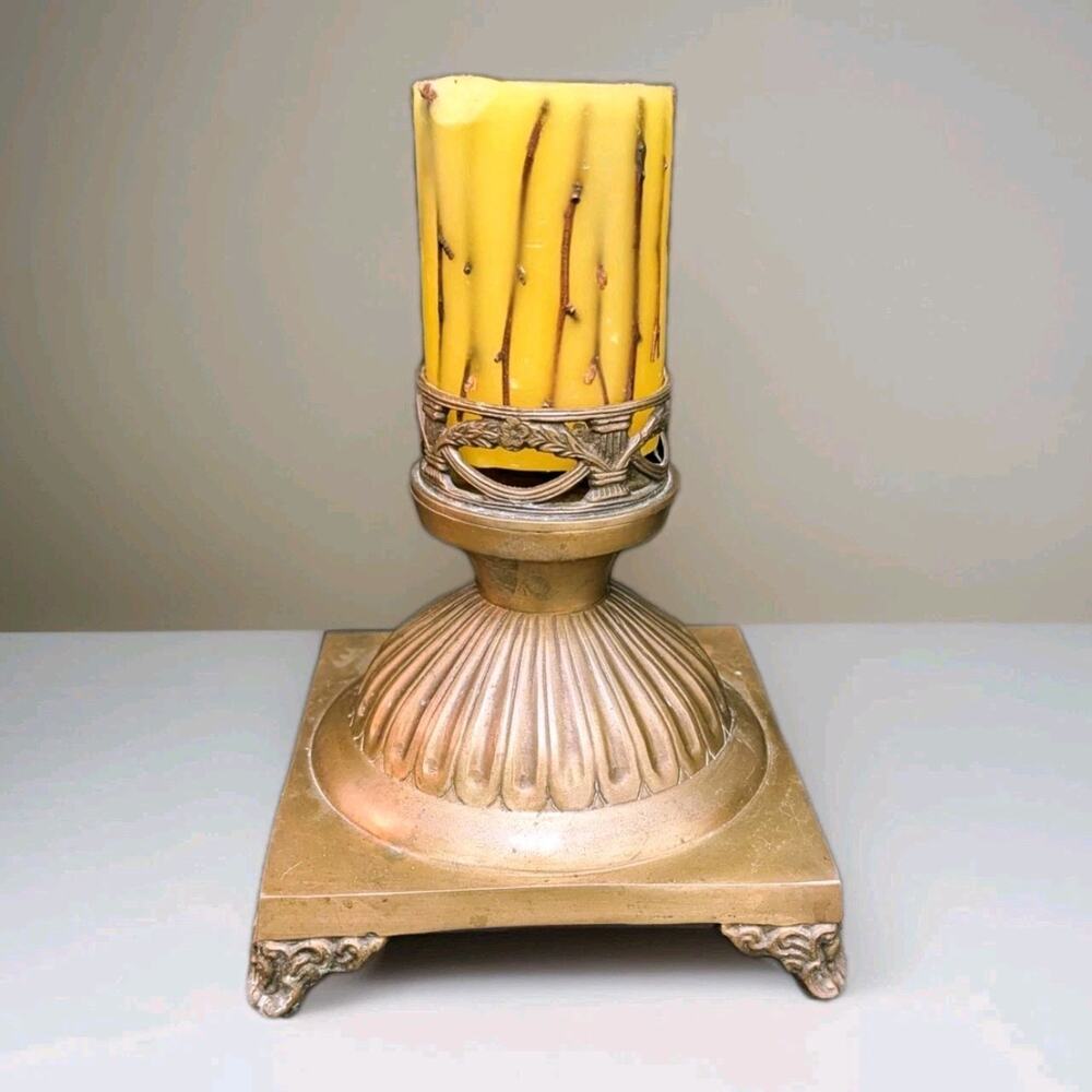 Ornate Antique Brass Footed Pillar Candle Holder Large Neoclassical